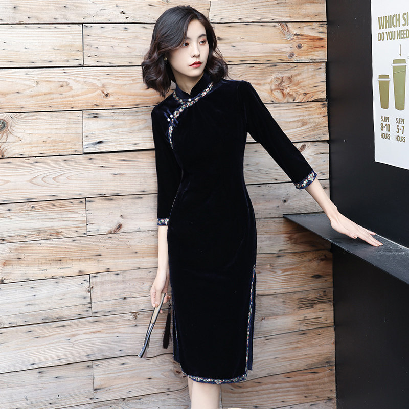 金丝绒旗袍年轻款秋冬长袖连衣裙 香怡莎菲旗袍