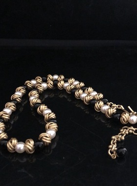 铜材质复古重工项链打结黑色玛瑙琉璃珍珠中长款项链百搭毛衣链女