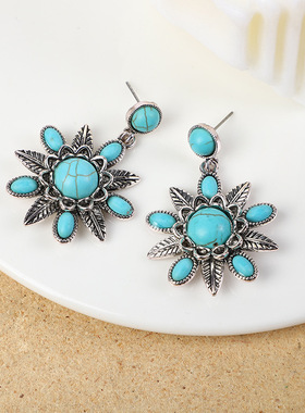 欧美跨境新款复古三层花朵耳饰松石耳环 西部风夸张松石佛珠项链