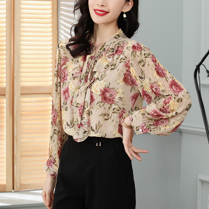 秋装2020新款遮肚子小衫长袖衬衫 古朵诗蕾丝衫/雪纺衫