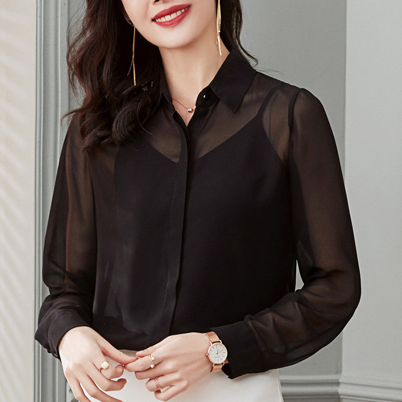 女士职业装雪纺长袖洋气黑色衬衫 古朵诗衬衫
