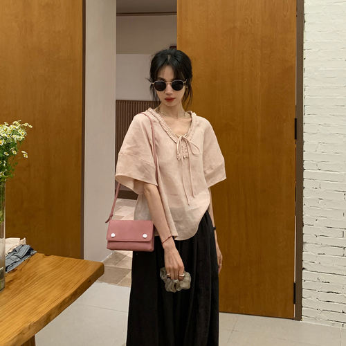 100％亚麻2026夏季新款宽松V领衬衫女上衣韩系短款木耳边系带小衫 - 图3