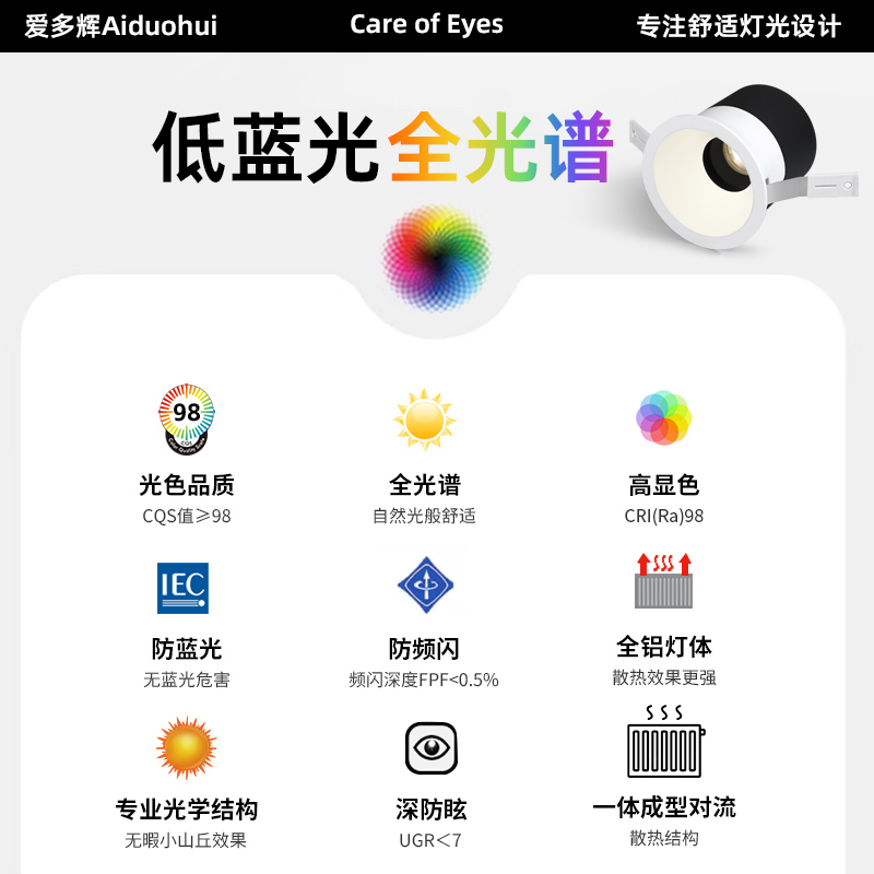 爱多辉护眼射灯小山丘led天花灯嵌入式家用筒灯cob客厅无主灯7550 - 图0