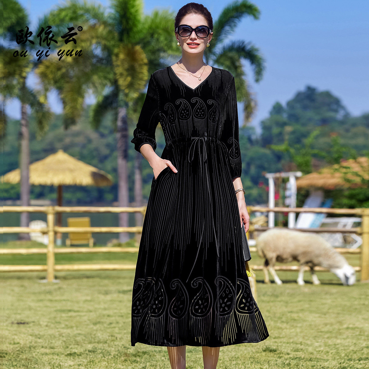 欧依云中年妈妈秋装桑蚕丝长裙子显瘦洋气系绳收腰连衣裙2025新款,淘宝优惠券,粉丝福利购,淘宝优惠卷