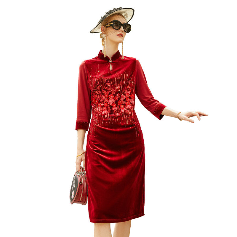 欧依云婚礼妈妈装红色旗袍裙改良连衣裙高贵洋气喜婆婆气质长裙子