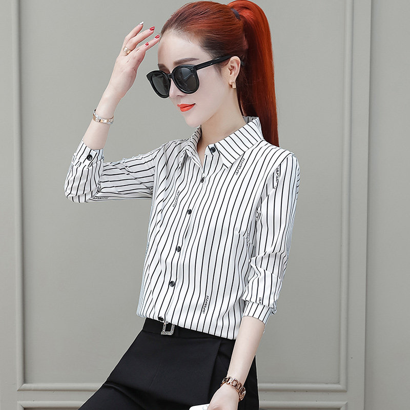 条纹女士长袖2022年春秋装新款衬衫 夏采芙衬衫