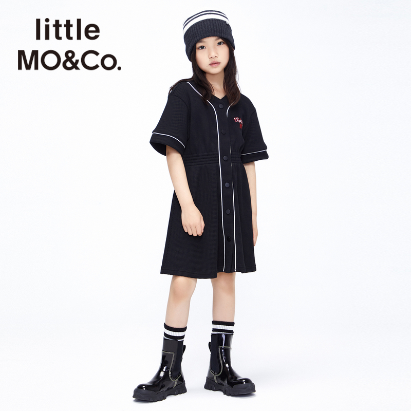 little moco童装春秋装儿童女童华夫格短袖连衣裙子KBB3DRS024