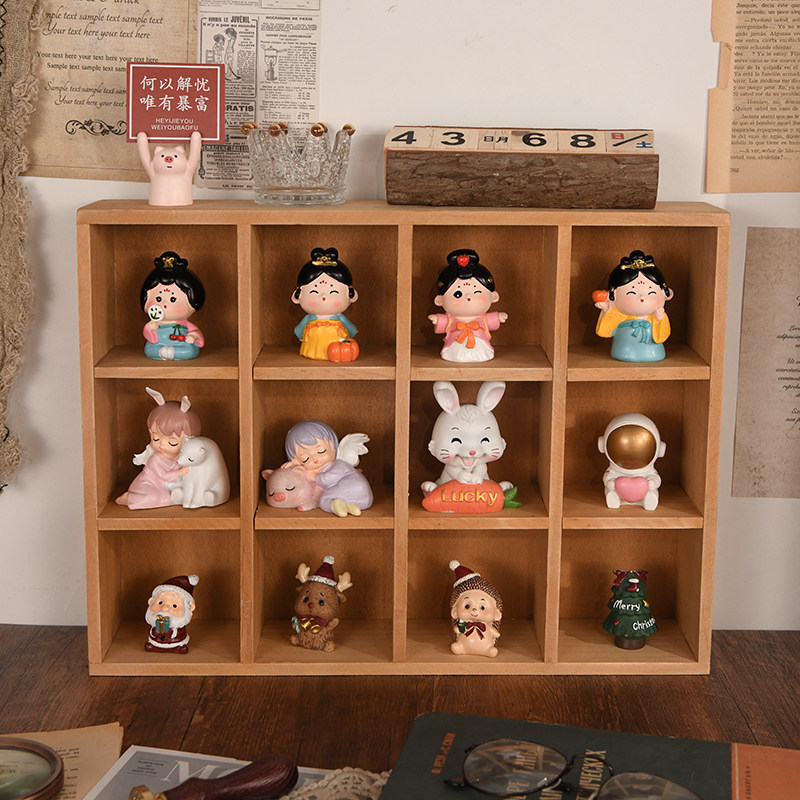 zakka复古桌面收纳盒木质收纳架十二宫格摆件盲盒置物架壁挂实木 - 图2