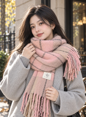 韩版时尚红色格纹围巾女士秋冬季