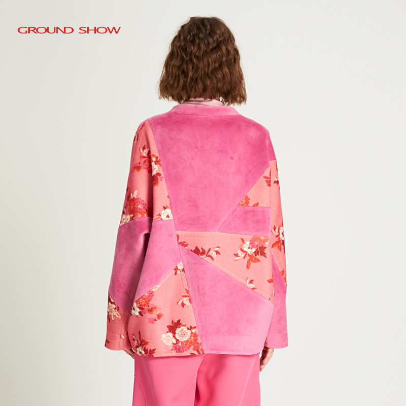 Ground Show/阁兰秀2025年秋款红色几何拼接毛呢外套显瘦优雅女装 - 图2