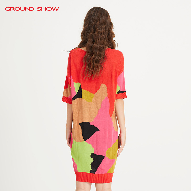 【天丝高捻棉】阁兰秀早秋新品五分袖提花针织连衣裙商场同款女装