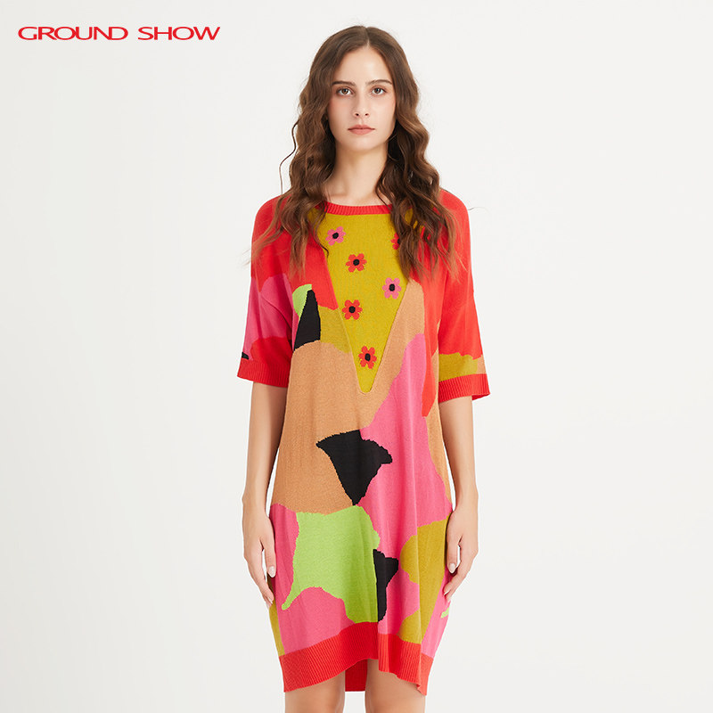 【天丝高捻棉】阁兰秀早秋新品五分袖提花针织连衣裙商场同款女装