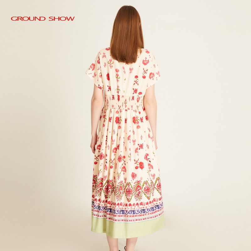 【100%长绒棉】阁兰秀2025夏新品印花纯棉长款连衣裙商场同款女装