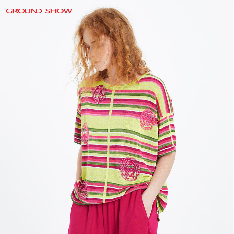 阁兰秀夏季新品短袖间色条纹玫瑰提花针织套头T恤衫商场同款女装