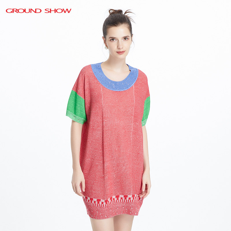 【绢丝棉混纺】阁兰秀夏新品短袖撞色提花针织连衣裙商场同款女装