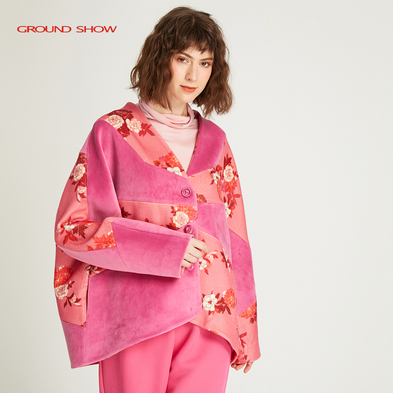 Ground Show/阁兰秀2025年秋款红色几何拼接毛呢外套显瘦优雅女装 - 图1