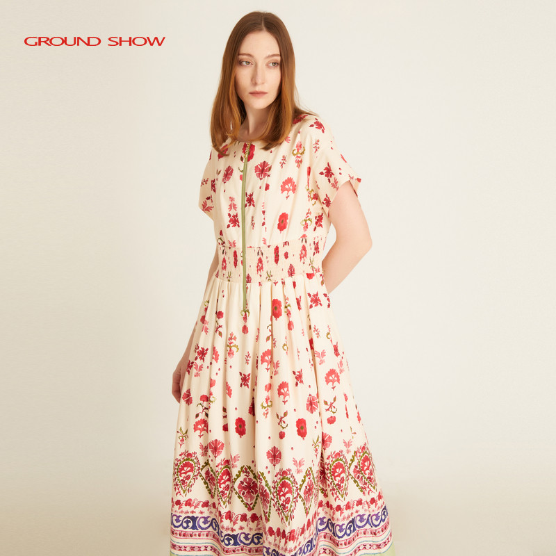 【100%长绒棉】阁兰秀2025夏新品印花纯棉长款连衣裙商场同款女装