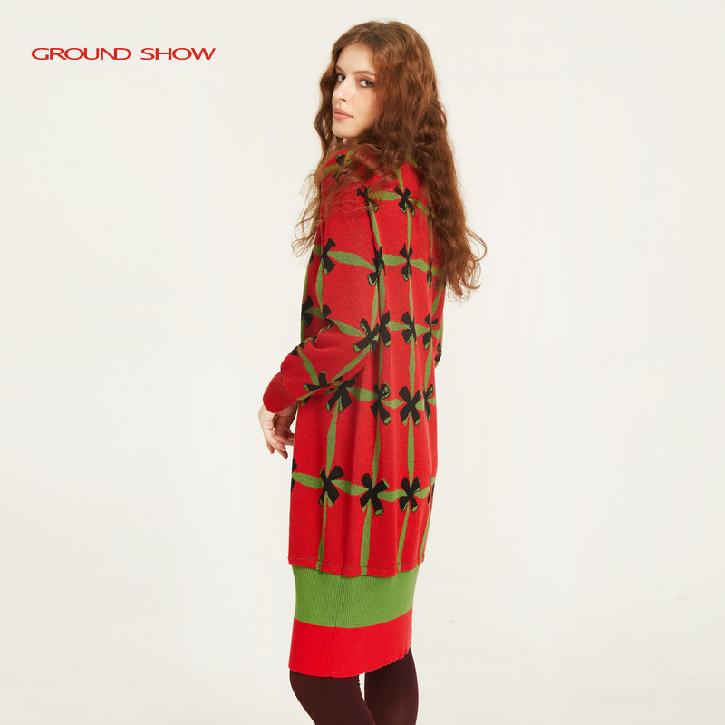 【100%绵羊毛】阁兰秀冬新款格子提花针织连衣裙商场同款女装