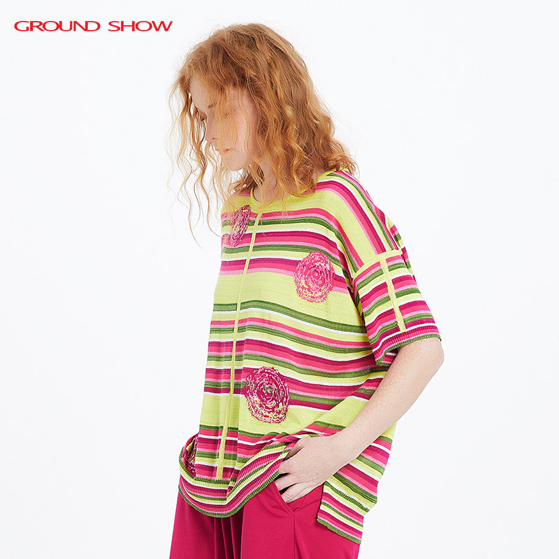 阁兰秀夏季新品短袖间色条纹玫瑰提花针织套头T恤衫商场同款女装