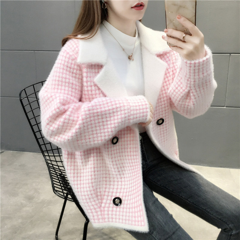 千鸟格西装短外套春秋2020年开衫 米幽谷短外套