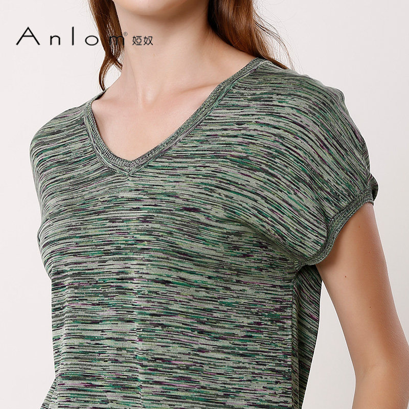 Anlom/娅奴新款桑蚕丝针织短袖薄款宽松V领显瘦套头针织衫上衣夏 - 图1