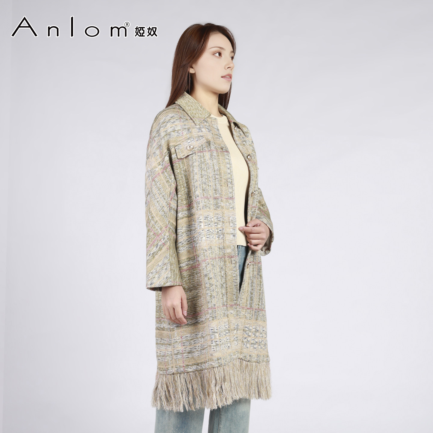 Anlom/娅奴冬季新款时尚百搭格子修身针织大衣女风衣,淘宝优惠券,粉丝福利购,淘宝优惠卷