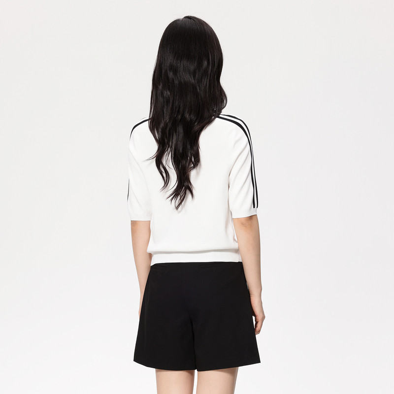 飘蕾字母刺绣条纹针织衫女2024秋季新款时尚POLO领半拉链撞色短袖,淘宝优惠券,粉丝福利购,淘宝优惠卷