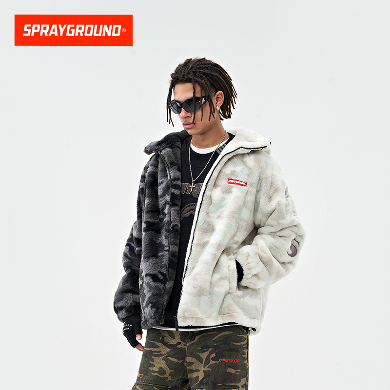 SprayGround2025冬季鲨鱼嘴毛绒棉服外套男连帽保暖高领拼接棉衣 - 图0