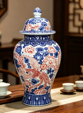 仿古青花釉里红凤纹将军罐花瓶