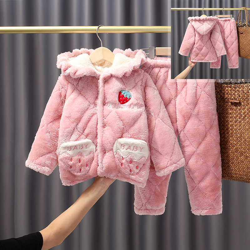 冬季女童戴帽保暖夹棉粉色加厚珊瑚绒小女孩睡衣法兰绒儿童家居服,淘宝优惠券,粉丝福利购,淘宝优惠卷