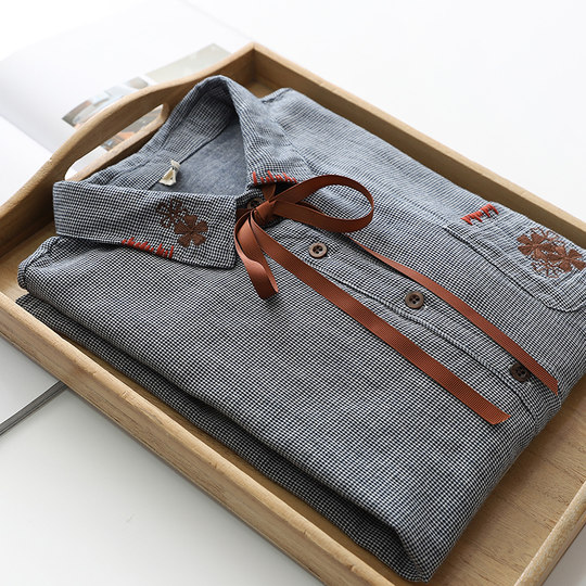 简约百搭高品质双层棉纱小格子衬衣宽松休闲千鸟格刺绣长袖衬衫女