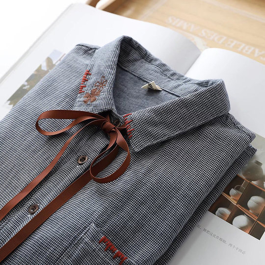 简约百搭高品质双层棉纱小格子衬衣宽松休闲千鸟格刺绣长袖衬衫女