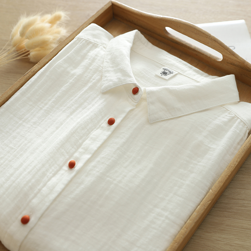 小清新纯棉双层棉纱衬衫女长袖宽松文艺春秋装彩扣翻领衬衣女上衣 - 图3