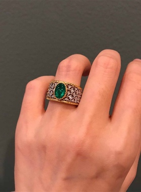 小绿椭圆～宽版方针绿宝石戒指