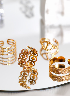 复古宫廷风秋冬黄铜质感不掉色欧美百搭戒指ins叠戴宽版指环经典