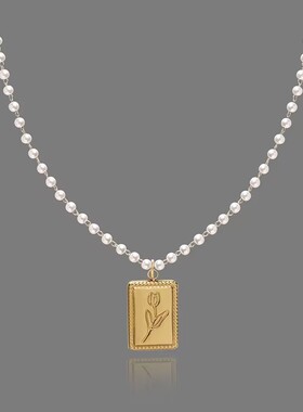 画廊女孩艺术感自制方牌珍珠项链