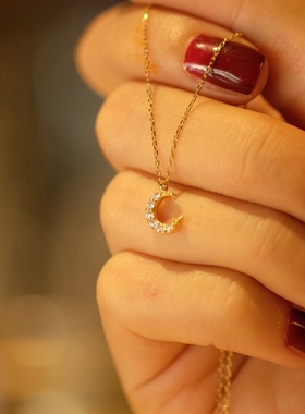 原创设计日系小众微镶锆石14K包金月亮项链温柔超仙气质锁骨链ins