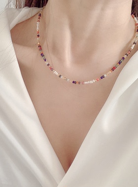 天然珍珠糖果色彩虹色项链