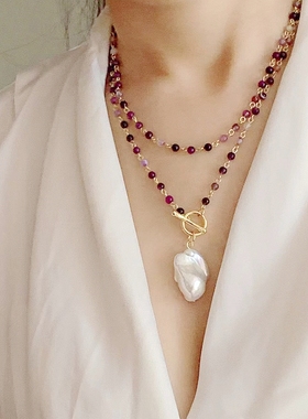 小众轻奢气质巴洛克珍珠天然石手工串珠叠搭长款项链毛衣链现货