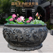 Stone sculpted lotus fish tank flower pots natural green stone imitation ancient door sea style courtyard fish species flower outdoor water cylinder pendulum piece