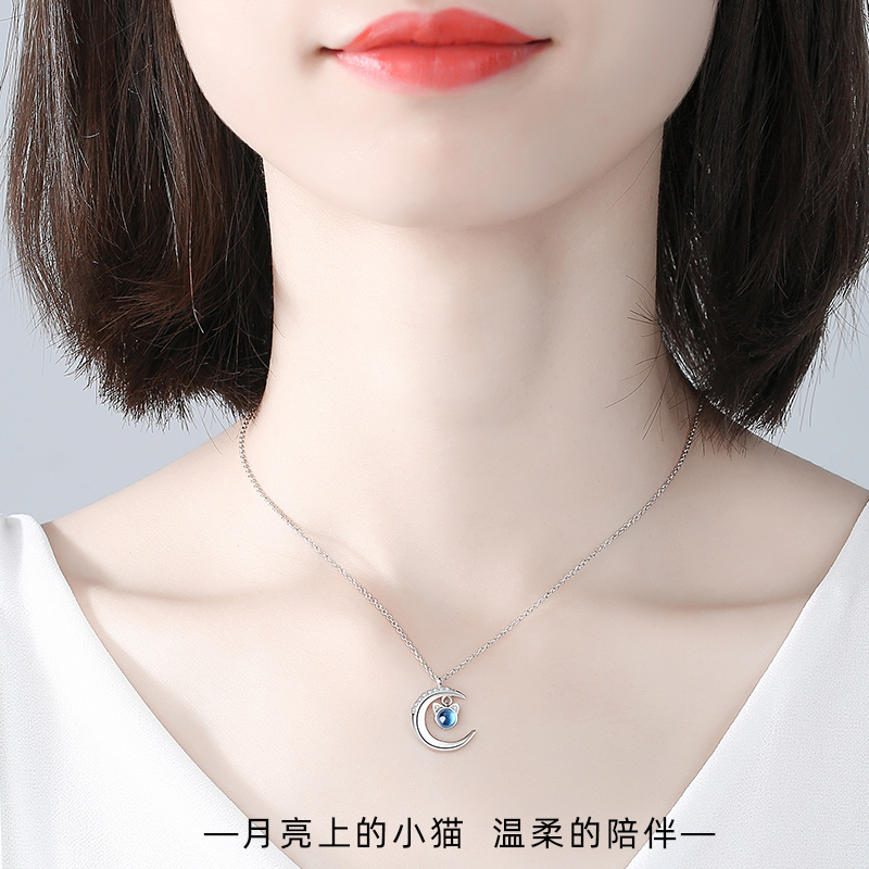 天然托帕石純銀項鏈女月亮貓鎖骨鏈吊墜小眾高級感生日禮物送證書_timebetter旗艦店_飾品_流行首飾_時尚飾品新