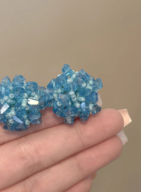 度假风清新蓝色花簇耳环女小众