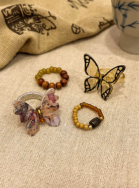 复古新中式蝴蝶串珠戒指