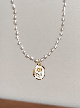 法式玫瑰花珍珠款项链