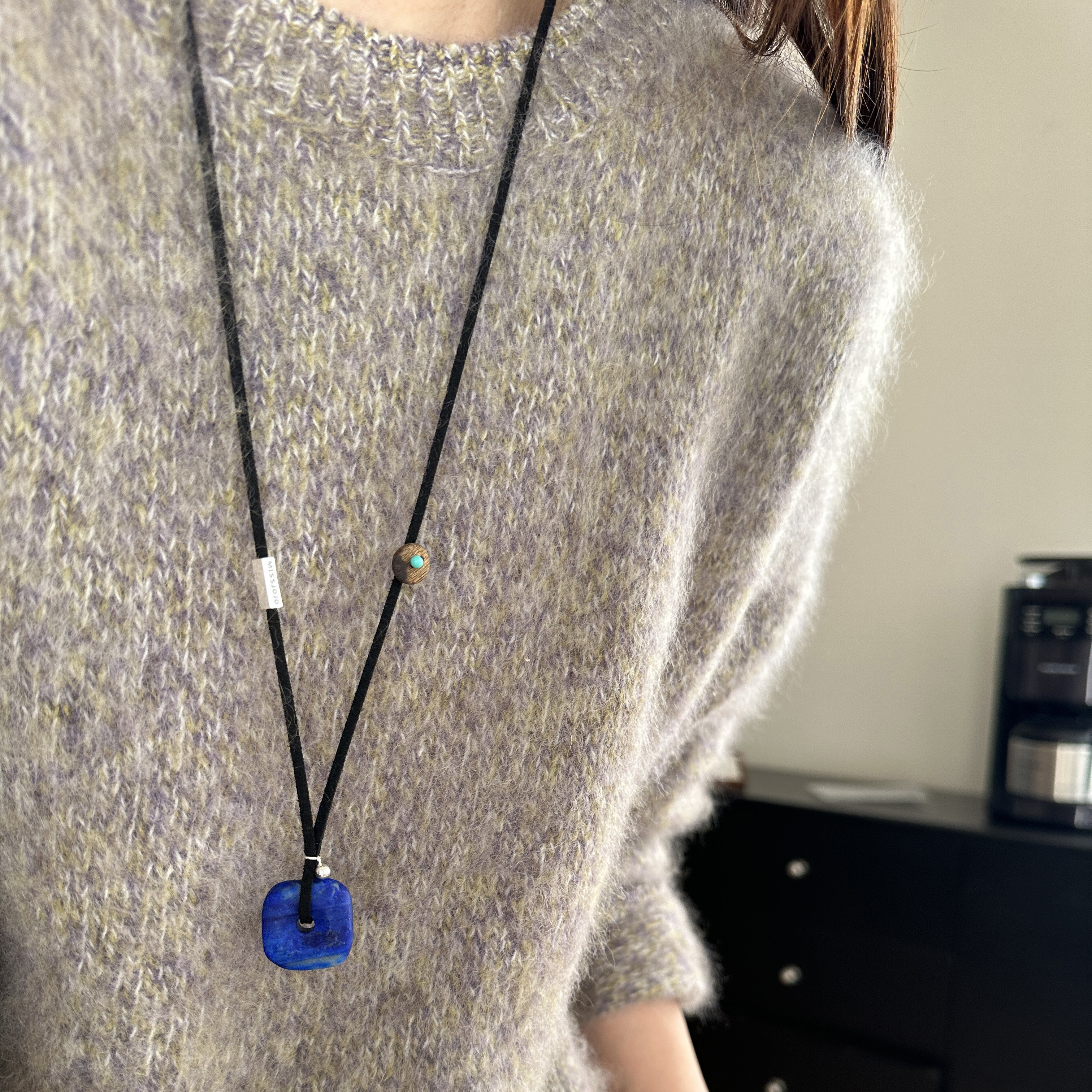 MISS JOJO原创设计时尚简约百搭气质女方形蓝石黑绳银项链 3961,淘宝优惠券,粉丝福利购,淘宝优惠卷