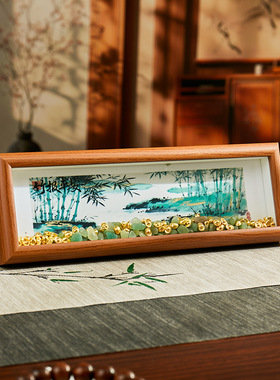 竹报平安水晶石手工礼物家居茶室客厅木质长条相框摆件摆台装饰品