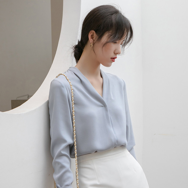 v领雪纺蓝色长袖设计感小众衬衫 原水衬衫