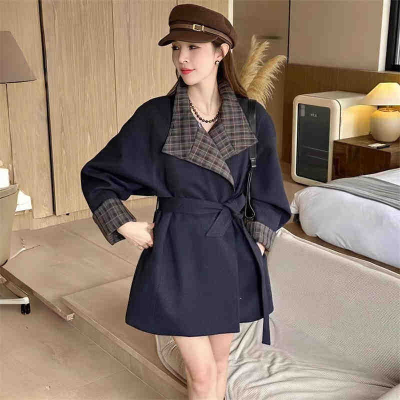 格纹翻领毛呢风衣外套女春秋2025年韩系收腰高级感撞色小个子大衣,淘宝优惠券,粉丝福利购,淘宝优惠卷