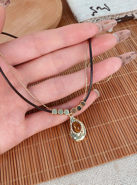 虎眼石合金吊坠皮绳项链女潮