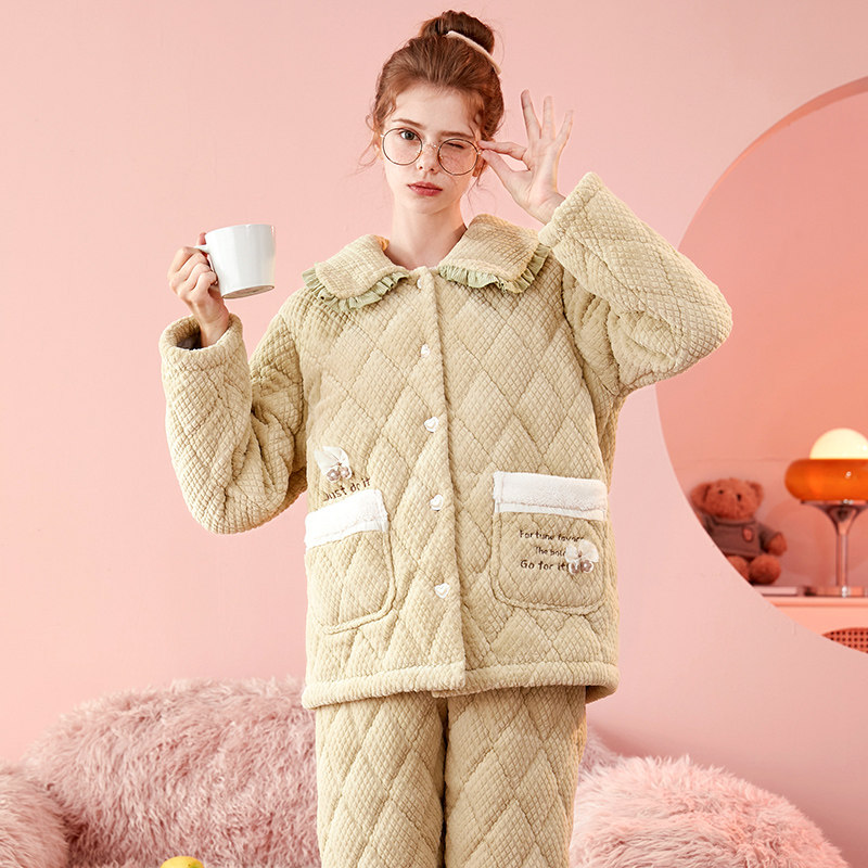 芬腾冬款三层夹棉睡衣女珊瑚绒加绒加厚法兰绒保暖2025年新款套装